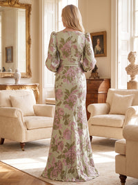 Sheath/Column V-Neck Jacquard Maxi Evening Dresses with Ruffles & High Slit