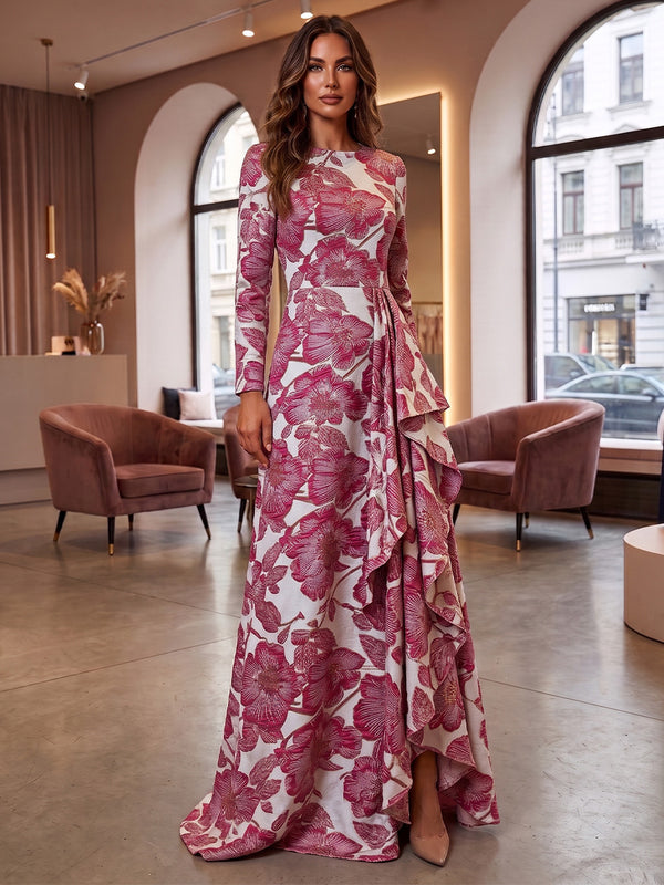 A-Line/Princess Scoop Neck Jacquard Maxi Evening Dresses with Ruffles