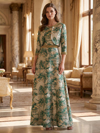 A-Line/Princess Scoop Neck Jacquard Maxi Evening Dresses with Bolero Jacket