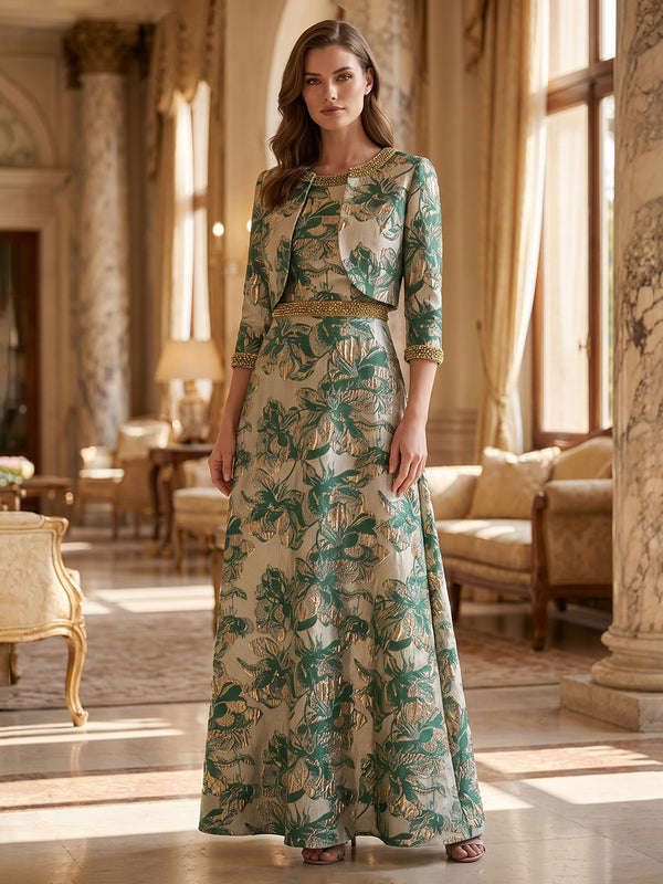 A-Line/Princess Scoop Neck Jacquard Maxi Evening Dresses with Bolero Jacket