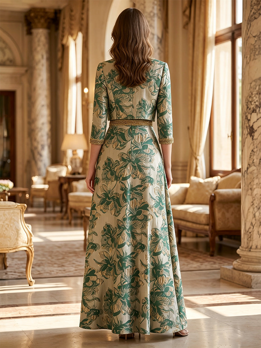 A-Line/Princess Scoop Neck Jacquard Maxi Evening Dresses with Bolero Jacket