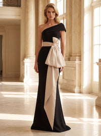 Mermaid/Trumpet One Shoulder Stretch Jersey Maxi Evening Dresses with Ruffles & Bow