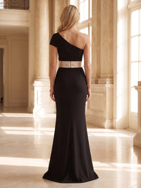 Mermaid/Trumpet One Shoulder Stretch Jersey Maxi Evening Dresses with Ruffles & Bow