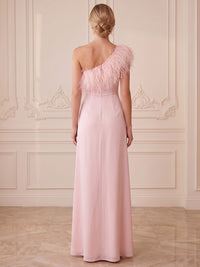 A-Line/Princess One Shoulder Satin Maxi Evening Dresses with Feather Trim