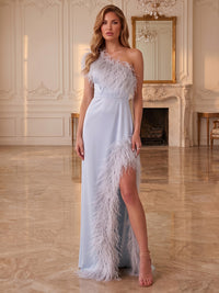 A-Line/Princess One Shoulder Satin Maxi Evening Dresses with Feather Trim & High Slit