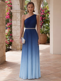 A-Line/Princess One Shoulder Chiffon Maxi Evening Dresses with Pleats & Colorblock