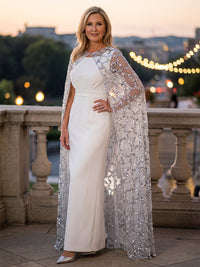 Sheath/Column Scoop Neck Satin Maxi Evening Dresses with Sequin & Cape