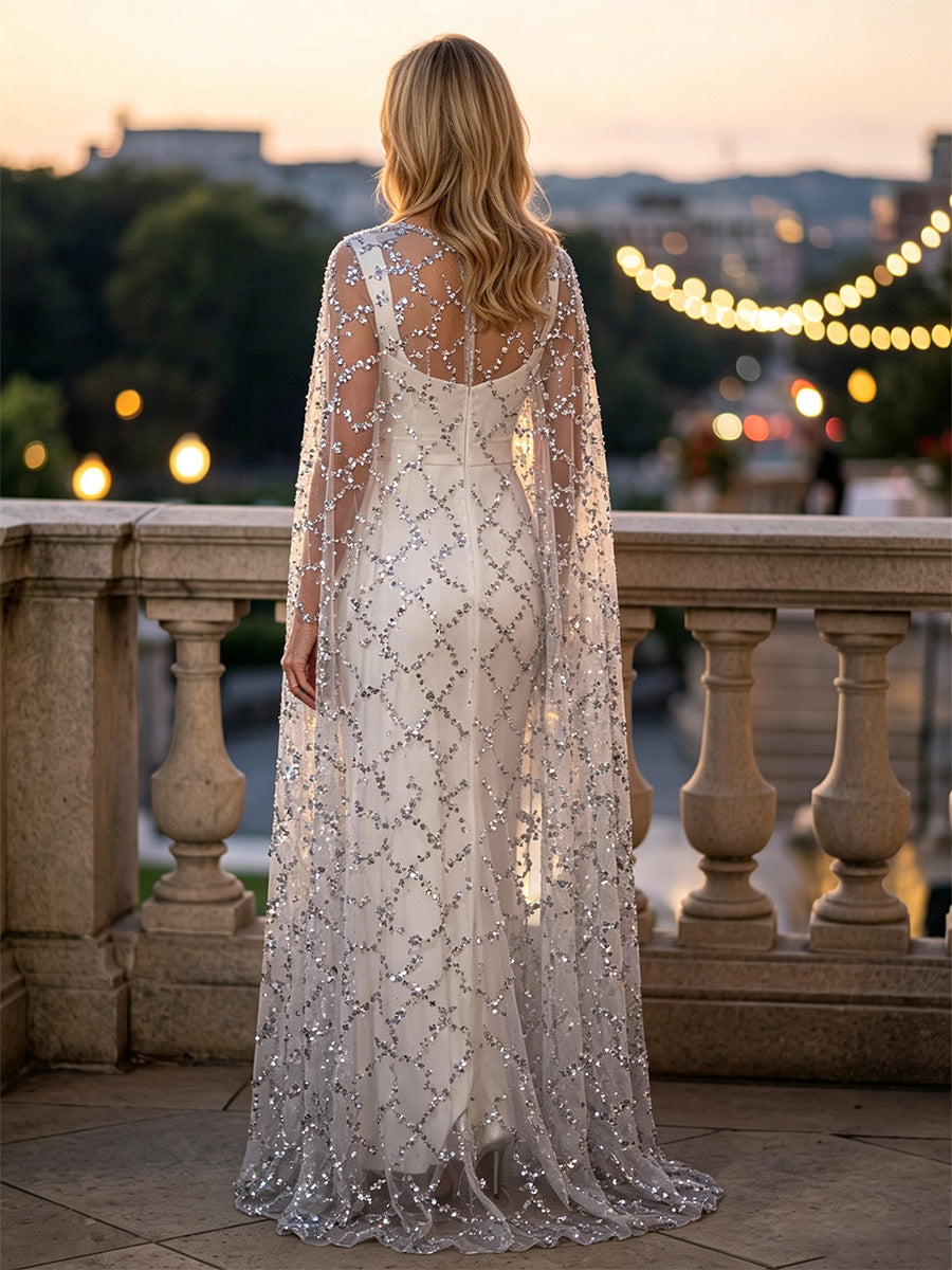 Sheath/Column Scoop Neck Satin Maxi Evening Dresses with Sequin & Cape