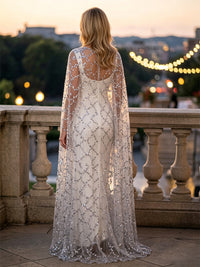 Sheath/Column Scoop Neck Satin Maxi Evening Dresses with Sequin & Cape