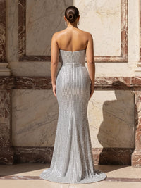 Sequin Strapless Sleeveless 3D Flowers Maxi Evening Dresses with Sweep Train