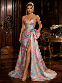 A-Line/Princess Strapless Jacquard Maxi Evening Dresses with Ruffles & Slit