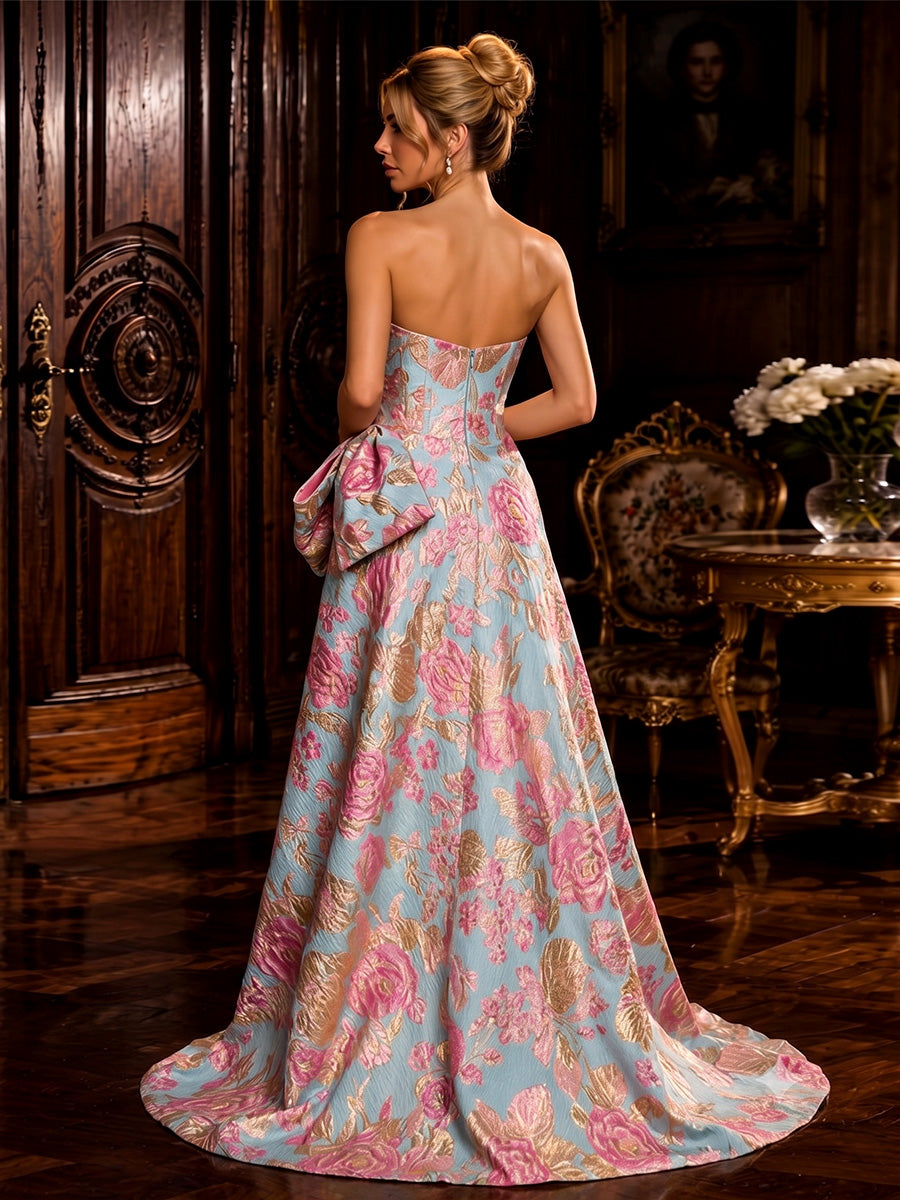 A-Line/Princess Strapless Jacquard Maxi Evening Dresses with Ruffles & Slit