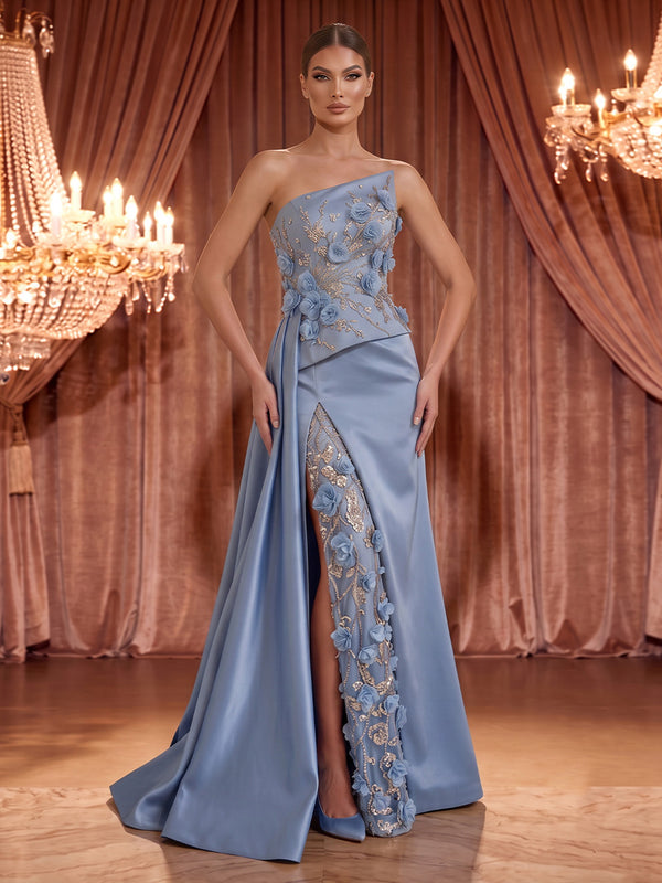 Sheath/Column Strapless Satin Maxi Evening Dresses with 3D Flowers & Slit