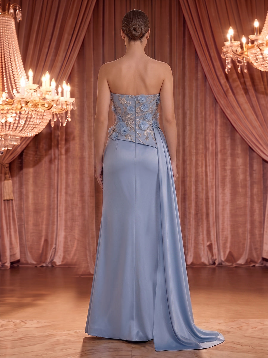 Sheath/Column Strapless Satin Maxi Evening Dresses with 3D Flowers & Slit