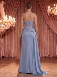 Sheath/Column Strapless Satin Maxi Evening Dresses with 3D Flowers & Slit