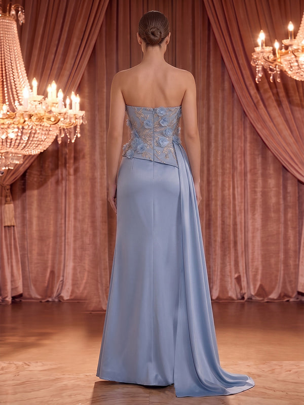 Sheath/Column Strapless Satin Maxi Evening Dresses with 3D Flowers & Slit