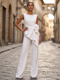 Scoop Neck Stretch Jersey Maxi Evening Jumpsuits with Bow