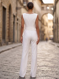 Scoop Neck Stretch Jersey Maxi Evening Jumpsuits with Bow