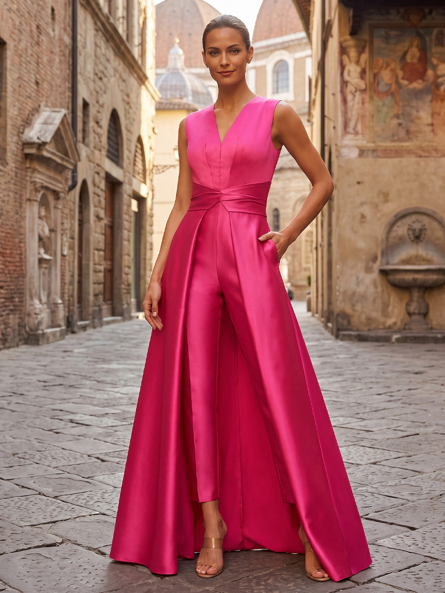 V-Neck Satin Maxi Evening Jumpsuits with Pleats
