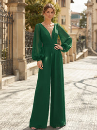 V-Neck Chiffon Maxi Evening Jumpsuits with Pleats