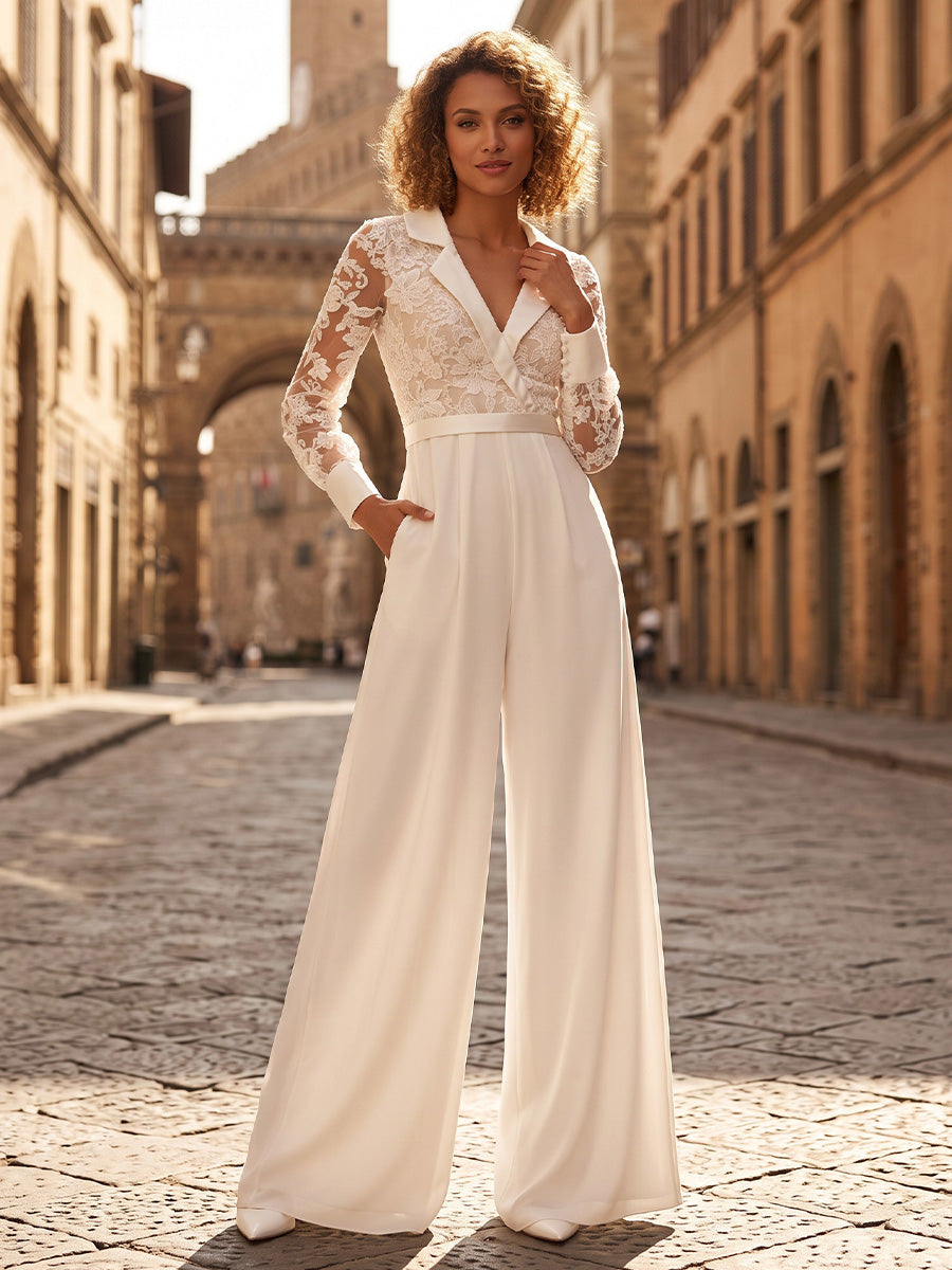 V-Neck Chiffon Maxi Evening Jumpsuits with Lace Appliques