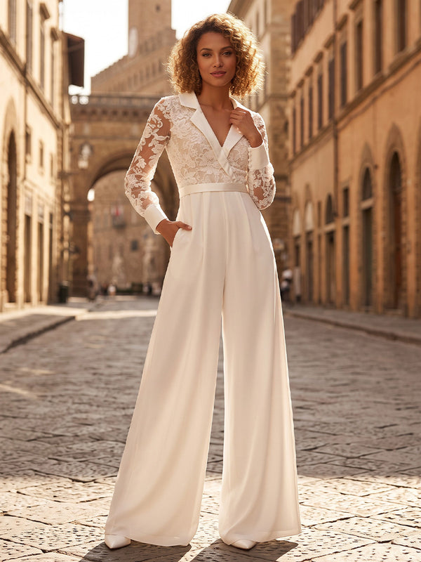 V-Neck Chiffon Maxi Evening Jumpsuits with Lace Appliques
