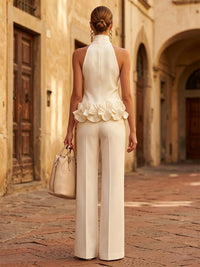 Halter Satin Maxi Evening Jumpsuits with 3D Flowers