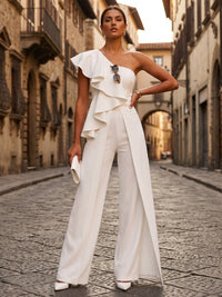 One Shoulder Satin Maxi Evening Jumpsuits with Ruffles