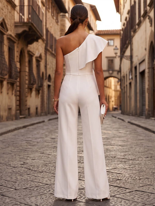 One Shoulder Satin Maxi Evening Jumpsuits with Ruffles