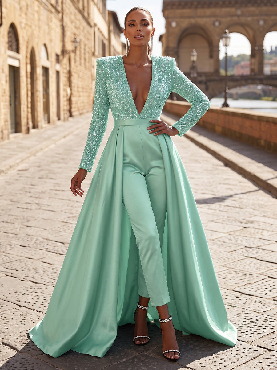 V-Neck Satin Maxi Evening Jumpsuits with Sequin & Pleats