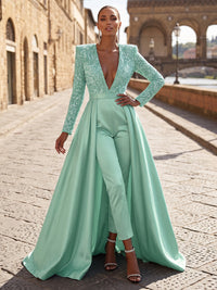 V-Neck Satin Maxi Evening Jumpsuits with Sequin & Pleats