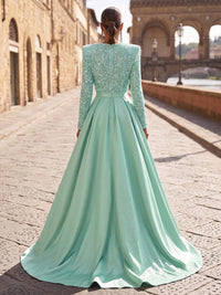 V-Neck Satin Maxi Evening Jumpsuits with Sequin & Pleats