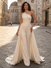 One Shoulder Satin Maxi Evening Jumpsuits with Ruched Bodice
