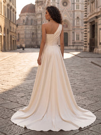 One Shoulder Satin Maxi Evening Jumpsuits with Ruched Bodice