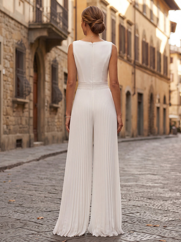 V-Neck Chiffon Maxi Evening Jumpsuits with Pleats