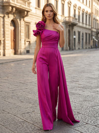 One Shoulder Satin Maxi Evening Jumpsuits with 3D Flowers, Ruched Bodice & Sash