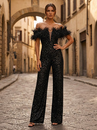Off Shoulder Sequin Maxi Evening Jumpsuits with Feather Trim