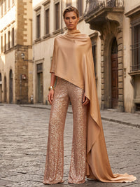 High Neck Satin Maxi Evening Jumpsuits with Cape & Sequin