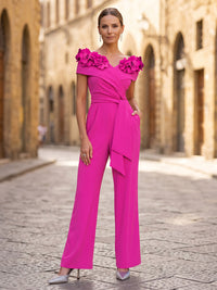 Off Shoulder Stretch Jersey Maxi Evening Jumpsuits with 3D Flowers, Ruched Bodice & Sash