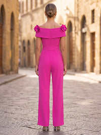Off Shoulder Stretch Jersey Maxi Evening Jumpsuits with 3D Flowers, Ruched Bodice & Sash