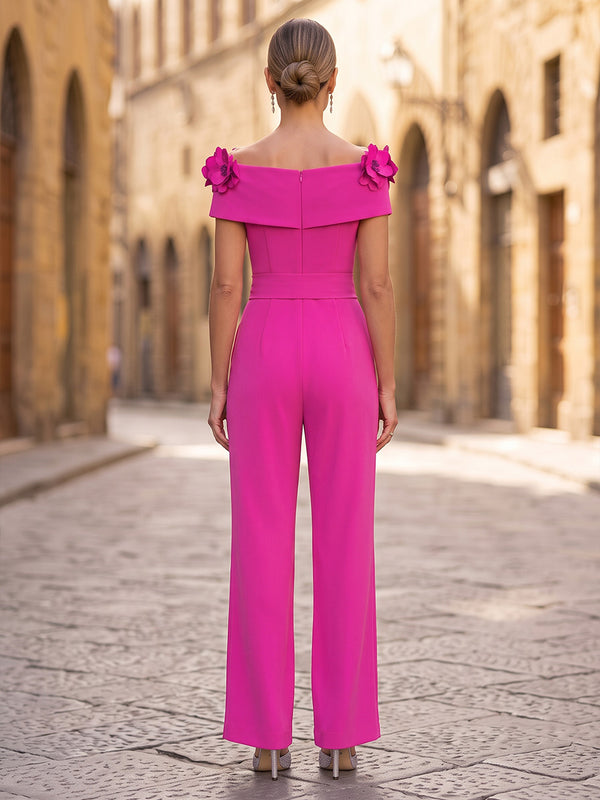 Off Shoulder Stretch Jersey Maxi Evening Jumpsuits with 3D Flowers, Ruched Bodice & Sash