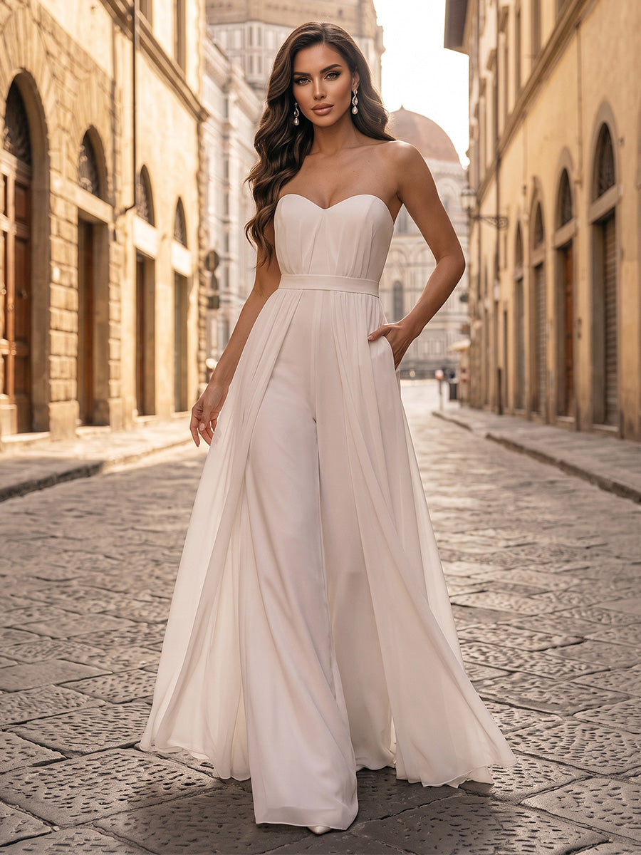 Strapless Chiffon Maxi Evening Jumpsuits with Pleats