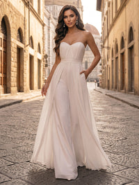Strapless Chiffon Maxi Evening Jumpsuits with Pleats