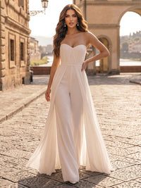 Strapless Chiffon Maxi Evening Jumpsuits with Pleats