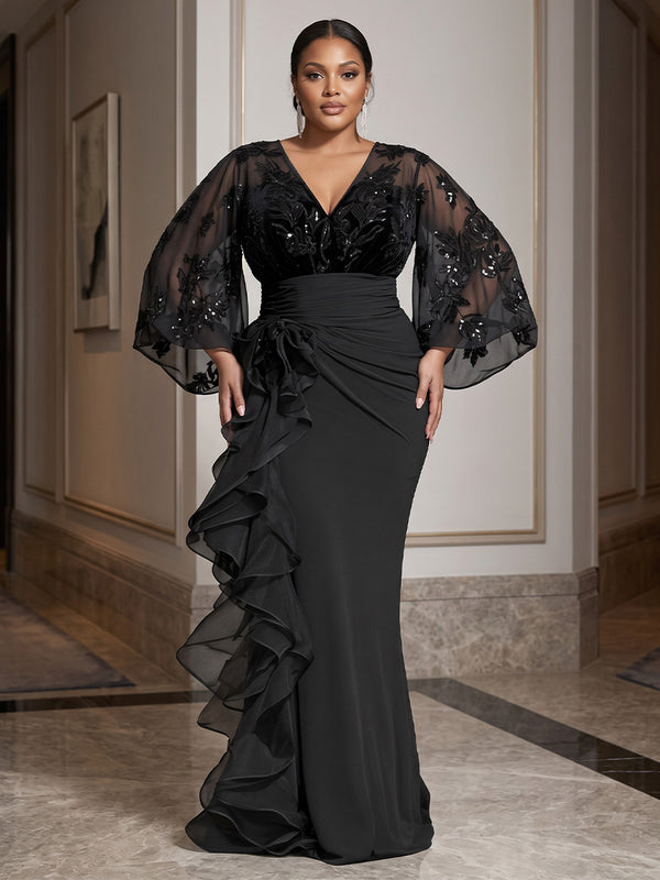 Plus Size Mermaid/Trumpet V-Neck Chiffon Maxi Evening Dresses with Lace Appliques, Sequin & Ruffles