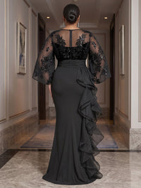 Plus Size Mermaid/Trumpet V-Neck Chiffon Maxi Evening Dresses with Lace Appliques, Sequin & Ruffles