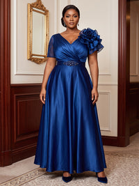 Plus Size A-Line/Princess V-Neck Satin Maxi Evening Dresses with 3D Flowers & Ruched Bodice