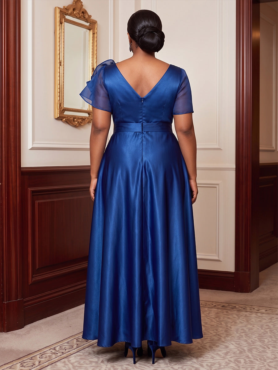 Plus Size A-Line/Princess V-Neck Satin Maxi Evening Dresses with 3D Flowers & Ruched Bodice