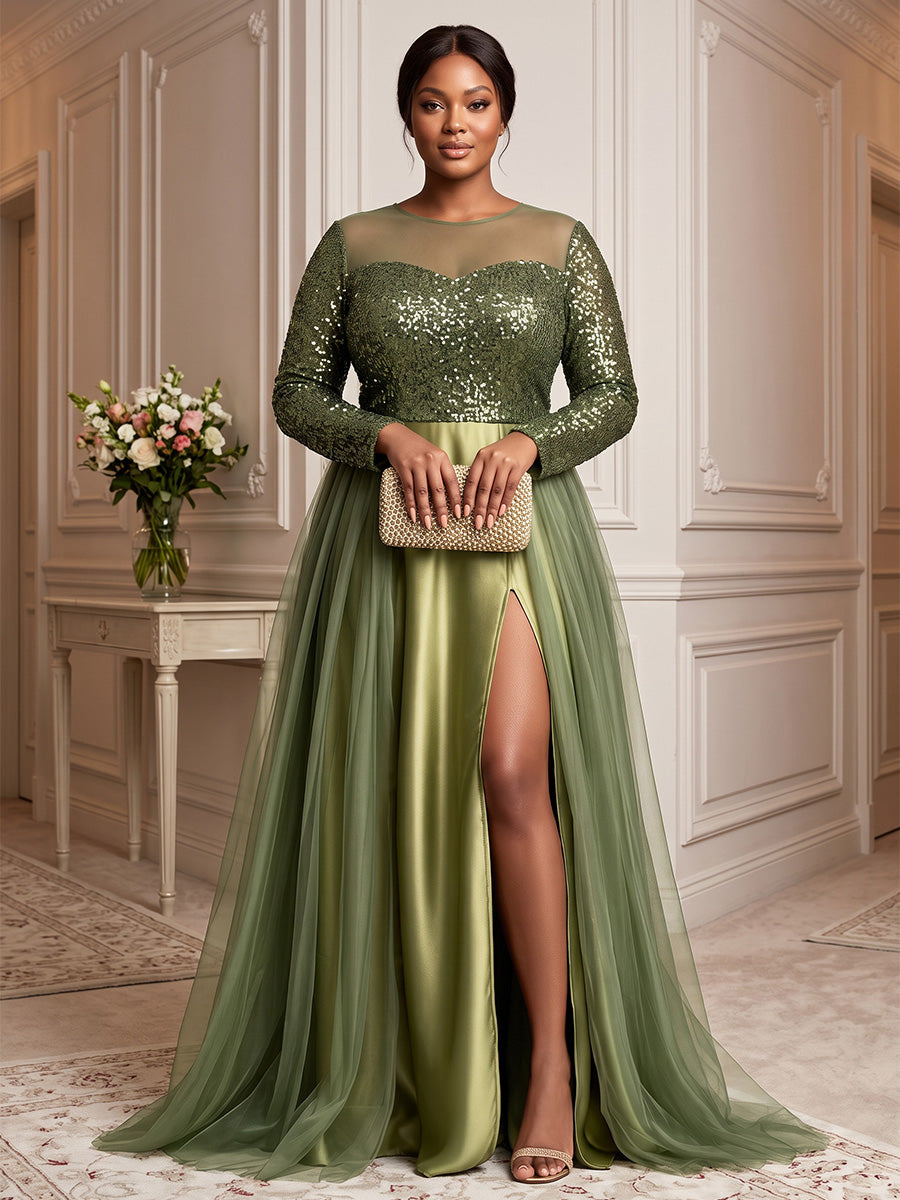 Plus Size A-Line/Princess Scoop Neck Chiffon Maxi Evening Dresses with Sequin & Pleats