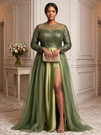Plus Size A-Line/Princess Scoop Neck Chiffon Maxi Evening Dresses with Sequin & Pleats